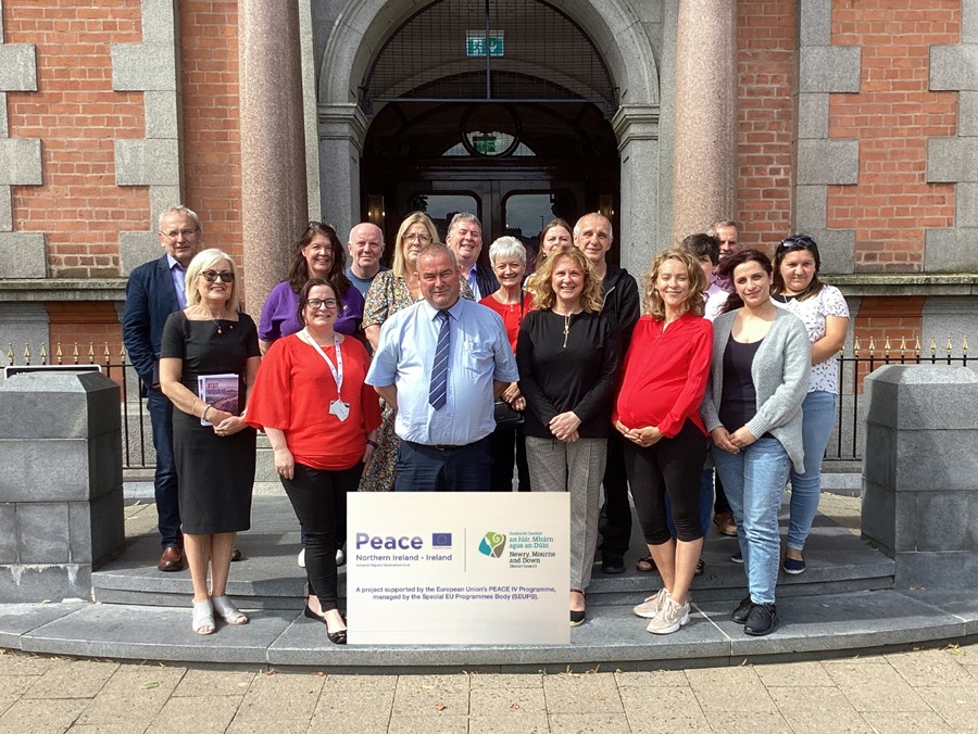 Chair of Newry Mourne & Down PEACE IV Partnership, Cllr Terry Andrews pictured with guests and speakers at the Newry launch of Hello NMD a new PEACE IV initiative to provide support for newcomers to the district.   