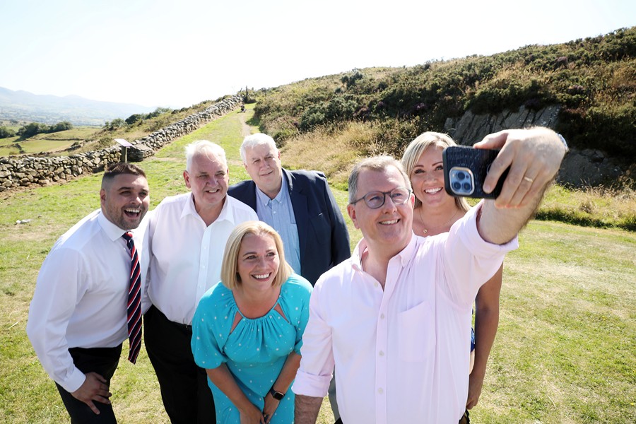 DUP Leader Jeffrey Donaldson with  the new South Down team Diane Forsythe, Glyn Hanna, Alan Lewis, Henry Reilly and Kathryn Owen. Photograph: Kelvin Boyes/Press Eye