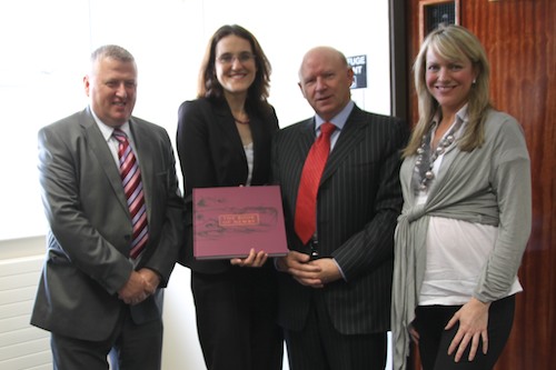 Secretary of State for Northern Ireland Theresa Villiers met with members of the Newry Chamber of Commerce & Trade on her recent inaugural visit to Newry City.  Pictured is Michael McKeown presenting the Book of Newry to the Secretary of State.  (L-R) President Cathal Austin, Newry Chamber; Theresa Villiers, Secretary of State; Michael McKeown, Crash Services; Orla Jackson, CEO, Newry Chamber.  