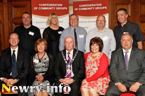 Pictured at the Confederation of Community Groups Shining Light Awards. Front from left: Raymond Jackson, CEO, Confederation of Community Groups; Carol Fearon, CCG; Charlie Casey, Mayor; Kathleen McCaul, CCG and David Cunningham, Chairman, CCG. Back: Pat Quinn, Carol Fearon, Laurence Bradley, Sean Maguire and Gerry Carey, CCG. Picture: Columba O'Hare