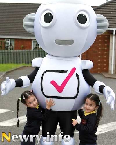 Digit Al makes a couple of friends at Cloughoge PS Nursery Unit. Picture: Columba O'Hare