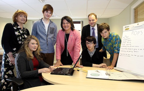 Enterprise Minister Arlene Foster has visited 'Empowering Change in Emerald Valley', a privately funded entrepreneurial incubation centre which provides co-working space for a number of technology and other business start-ups in Newry. Pictured with the Minister are Director Eve Earley and Councillor Connaire McGreevy along with young entrepreneurs Laura McKevitt, Conor Fegan, Conlin Doyle and Ryan Johnston.