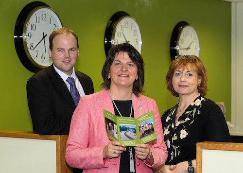 Enterprise Minister Arlene Foster has visited 'Empowering Change in Emerald Valley', a privately funded entrepreneurial incubation centre which provides co-working space for a number of technology and other business start-ups in Newry. Pictured with the Minister are Councillor Connaire McGreevy and Director Eve Earley.