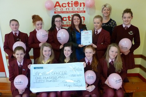Michelle from Action Cancer with pupils from St Mary's who took part in the fundraising drive