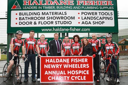 Pictured at the launch of the cycle are members of Newry Wheelers together with Gary Cranney from Haldane Fisher and Denise Doyle of Southern Area Hospice.