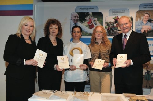 Líofa at Balmoral Show last month - DARD Minister Michelle O Neill, DCAL Minister Carál Ní Chuilín, Líofa development officer Ursula Uí Dhonnaile, Foras na Gaeilge Officer Orla and Deputy First Minister Martin Mc Guinness