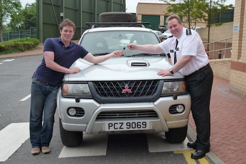 Inspector David Hutchinson, Newry Neighbourhood Policing Team, presents a Mitsubishi Shogun to Warrenpoint man Ronan Collins. The Neighbourhood Team donated the vehicle to support Ronan's fundraising trip to Mongolia from Newry. The vehicle which was at the end of its operational life but will now take on a new lease of life for the charity trip. Inspector David Hutchinson, Newry Neighbourhood Policing Team, presents a Mitsubishi Shogun to Warrenpoint man Ronan Collins. The Neighbourhood Team donated the vehicle to support Ronan's fundraising trip to Mongolia from Newry. The vehicle which was at the end of its operational life but will now take on a new lease of life for the charity trip.