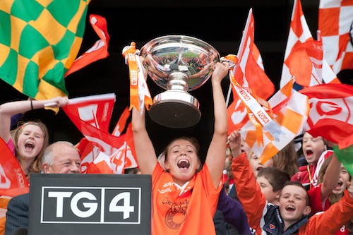 Armagh Captain Mags McAlinden lifts the cup at Croke Park on Sunday. Picture: John Merry