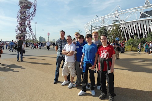 Staff and pupils outside the Olympic Stadium Brendan Fearon Martin McGreevy Daniel Turley Louis O Hare Cathal Matthews Paul Lyons Donal Hanna