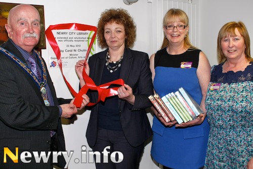 Re-opening the refurbished and extended Newry City Library were from left: Cllr Charlie Casey, Mayor, Newry and Mourne; Carál Ní Chuilín, Minister, Department of Culture Arts and Leisure; Lillian Russell, Manager, Newry Library and Rosemarie Loughran, Senior Library Assistant. Picture: Columba O'Hare