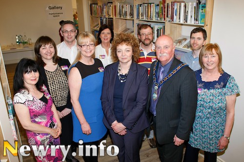 Newry Library Staff pictured with Lillian Russell, Manager, Newry Library; Carál Ní Chuilín, Minister, Department of Culture Arts and Leisure and Cllr Charlie Casey, Mayor, Newry and Mourne at the Re-opening of the refurbished library. Picture: Columba O'Hare