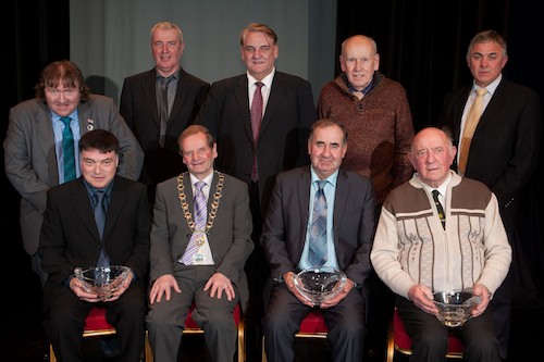 Mayor John McArdle along with Councillors, Brian Quinn, Sean Doran, Henry Reilly, Mick Murphy and William Burns are pictured with Award recipients, Ivan Graham (Valley Rangers), William Davey (Glassdrumman) and Hilary McGinness (Ballymartin).