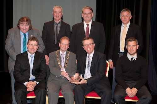 Mayor John McArdle along with Mournes Councillors, Brian Quinn, Sean Doran, Henry Reilly and William Burns are pictured with staff from F.J. Charleton Kilkeel.