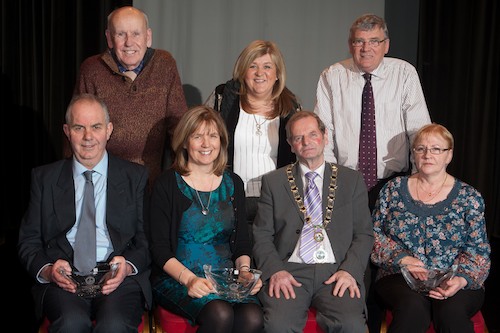 Mayor John McArdle, Councillor Mick Murphy, Karen McKevitt MLA and Councillor Michael Carr are pictured with award Recipients Bernie Quinn from Warrenpoint and Patsy Russell and Seana Talbot from Destination Newry. 
