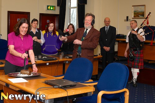 Ursula Mhic An tSaoir, Irish Language Development Officer, Newry and Mourne District Council addresses the Haggis at a ceremony in the Council Offices to mark Robert Burns. Photograph: Columba O'Hare Ursula Mhic An tSaoir, Irish Language Development Officer, Newry and Mourne District Council addresses the Haggis at a ceremony in the Council Offices to mark Robert Burns. Photograph: Columba O'Hare