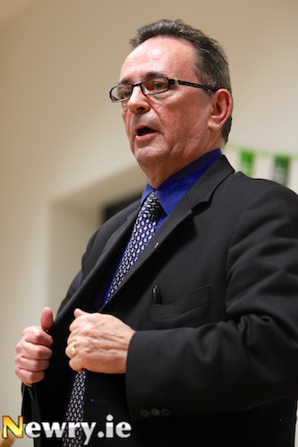 Local Irish Language champion Dominic Bradley, MLA speaking at the opening of Gaeláras Mhic Ardghail. Photograph: Columba O'Hare