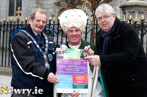 All ready for the 2013 St Patrick's Festival were St Patrick himself (Noel Pepper), John McArdle, Mayor and Events Officer, Paddy Duffy. Photograph: Columba O'Hare