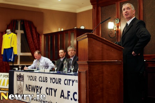 Fotballing legend Ollie Ralph speaking at the launch of Newry City AFC in the Canal Court Hotel. Photograph: Columba O'Hare