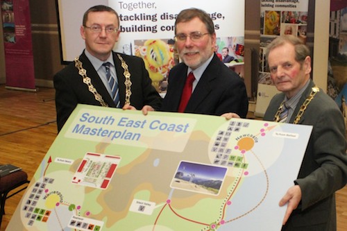 Social Development Minister Nelson McCausland pictured with (l) Chairman of Down District Council, Michael Coogan and (r) Mayor of Newry and Mourne District Council, John McArdle at the launch of the South East Coast Masterplan