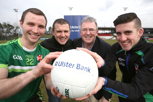 Ulster Bank Managing Director, Branch Banking, N Ireland Stephen Cruise, joins (left to right) Queen's University and Down Inter County player Owen Costello, Queen's Sport representative Kevin Murray and Antrim’s Ryan Murray at the launch of the 2013 Ulster Bank Rugby and GAA Bursaries at Queen’s Upper Malone complex. Photo: Paul McErlane