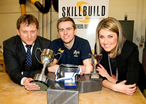 Neil Byrne from Newry Gold Medal Winner in Lead Sheetwork pictured with Barry Neilson (CITB-ConstructionSkills NI) and Sarah Travers