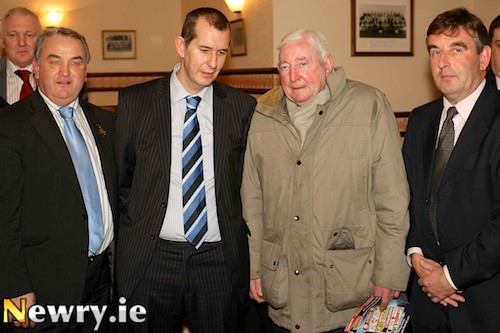 The late Paddy MacFlynn, third from left, with Edwin Poots, former Culture, Arts and Leisure Minister; Nicky Brennan, President, GAA and Tom Daly, President, Ulster GAA during a visit by the Minister to Pairc Esler in January 2008. Photo: Columba O'Hare