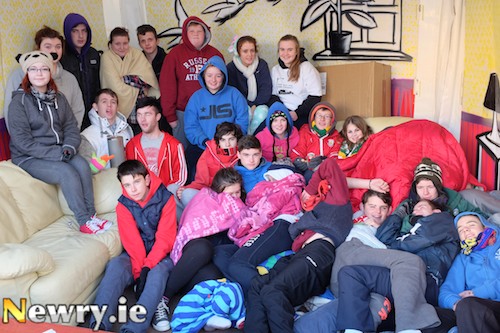 Young people who sat out in Hill Street in Newry last night to highlight Homelessness. Photograph: Columba O'Hare