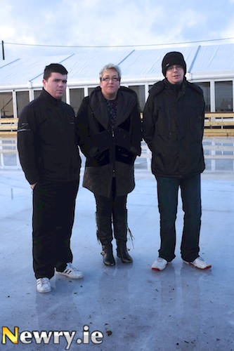 Newry on Ice Employees Adrian O'Grady and Joe Rice at the Ice Rink today with Cara Malone, Chairperson, Newry and District TUC. Photograph: Columba O'Hare Newry on Ice Employees Adrian O'Grady and Joe Rice at the Ice Rink today with Cara Malone, Chairperson, Newry and District TUC. Photograph: Columba O'Hare
