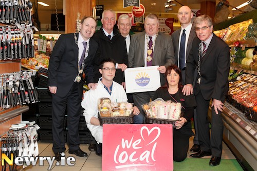 Launching the Buy Local Campaign in SuperValu, Hill Street, Newry were front: Gary Rice, Sunray bakery and Valerie Doris, Doris Home Bakery. Back from left: Jim Boylan, President, Warrenpoint Chamber of Commerce; Edwin Curtis, Newry City Centre Management; Michael McArdle, President, Crossmaglen and South Armagh Chamber of Commerce; Cathal Austin,  President, Newry Chamber of Commerce; Kieran Lowery, Manager, SuperValu and James Cunningham, President, Kilkeel Chamber of Commerce. Photograph: Columba O'Hare