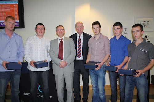 William Megaw from Hilltown, Shane Lynch from Newry, Gary Doyle from Castlewellan, Brendan Magee from Newry, and Jordan Jeffers from Portadown, medal winners from Skillbuild pictured with Andrew Saunders, SRC Board of Governors Chairman and Brian Doran, SRC Chief Executive 