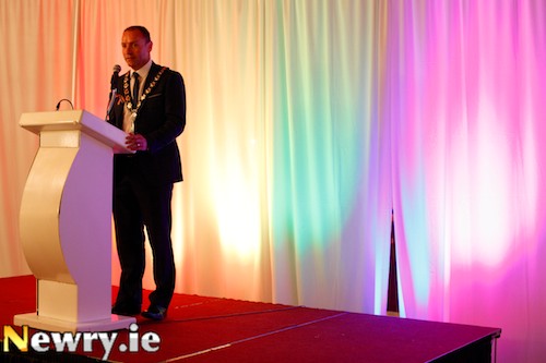 Mickey Ruane, Mayor speaking at the launch of 2013 Pride in Newry at Bellinis. Photograph: Columba O'Hare