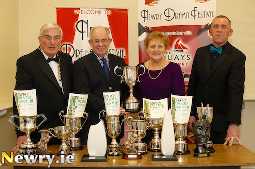Tom Malone and Freda O'Connell, Silken Thomas Players with their many trophies won at Newry Drama Festival for their production of Mercury Fur. Also included are Gerry McNulty, left, Chairman, Newry Drama Festival and Geoffrey O'Keefe, right, Adjudicator. Photograph: Columba O'Hare Tom Malone and Freda O'Connell, Silken Thomas Players with their many trophies won at Newry Drama Festival for their production of Mercury Fur. Also included are Gerry McNulty, left, Chairman, Newry Drama Festival and Geoffrey O'Keefe, right, Adjudicator. Photograph: Columba O'Hare