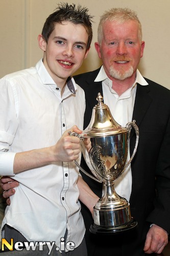 Nial Heaney, Newpoint Players, Best Young Actor at Newry Drama Festival for the part of Alfred in Rosencrantz and Guildenstern are Dead pictured with his father Eddie. Photograph: Columba O'Hare
