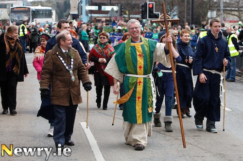 Mayor John McArdle and 'St Patrick' himself lead the Parade