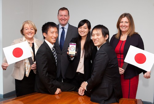 The visitors Kentaro Umeda, Senior Systems Engineer, Nomura Research Institute (NRI), Tokyo, Kazumi Aoki, Research Analyst,  NRI New York and Keita Sasaki, IT Engineer, (NRI), Tokyo are pictured with Caroline Currie, Sales Director, Michael Blaney, Managing Director and Julie Gibbons, Operations Director, Autoline Insurance Group.