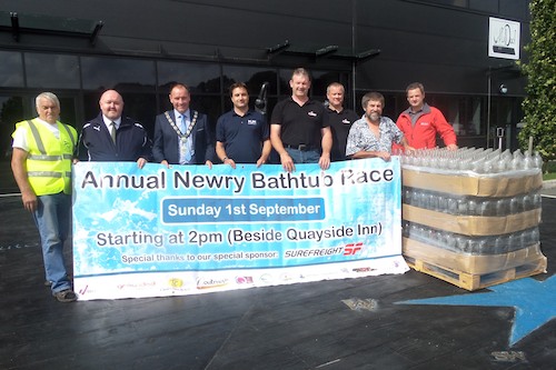 Getting ready for the Bath Tub Race are from left: Eamon Burke,IWAI; Andrew Kernohan, Peace 3, Southern Partnership; Mayor Mickey Ruane; Paul Harris  MJM; Dessie McMahon, Abbey Event Management; Billy Campbell, Abbey Events; Peter Maxwell, IWAI and Paul McCann, Abbey Events.