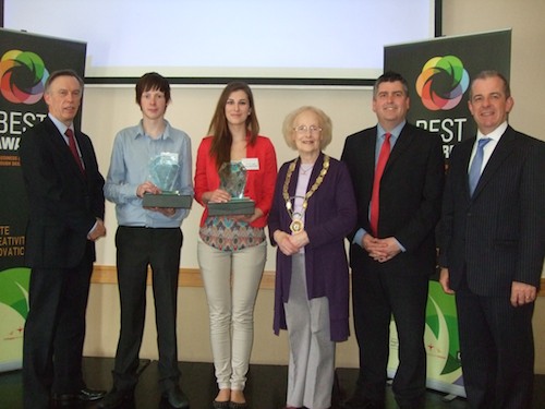 Alan Blair (Colleges NI), Darragh Loughran (won Overall Prize in 16-18 year old category), Klaudia Lisek (won Overall Prize in over 18 category), Sylvia McRoberts (Deputy Lord Mayor of Armagh), Gerry Campbell (Colleges NI) and Gerry Devlin, (Director of Curriculum & Student Services, SRC)