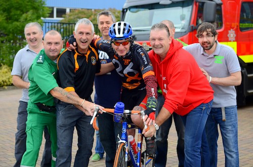 Michael O Hare's father Rodney and fellow organisers of the third annual Bike For Mike Charity Cycle send last man  Colm Bootsy Fearon on his way at Newry Firehouse On Sunday. Photograph: Brendan Monaghan