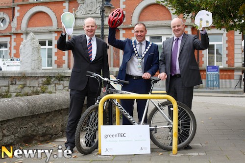 Looking forward to the Sustainable Living Fair in Newry are from left: Brian Doran, Chief Executive, SRC; Cllr Mickey Ruane, Mayor, Newry and Mourne and John Farrell, Director, Environmental Services, Newry and Mourne District Council. Photograph: Columba O'Hare