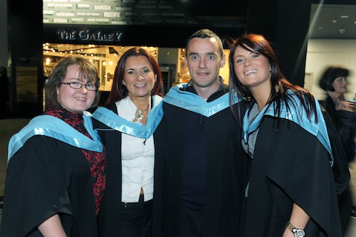 Conor Havern from Newry celebrated his graduation from Belfast Metropolitan College following the completion of his VTCT Level 4 Certificate in Sports Massage Therapy within the Faculty of Leadership, Science and Service Industries. Conor is pictured with his former classmates Tracey McAuley, Jennifer Goodall and Gemma Burns. Photograph: Harrison Photography