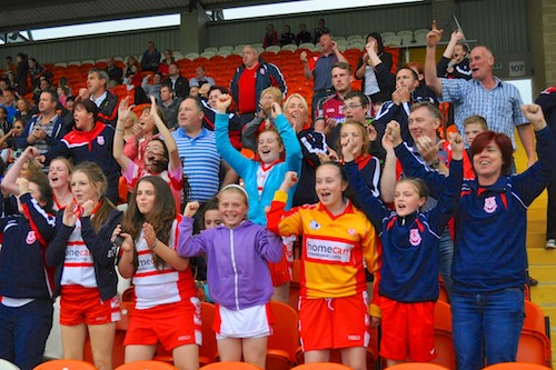 Carrickcruppen supporters show their delight at the final whistle in the Athletic Grounds on Sunday. Photograph: Brendan Monaghan.