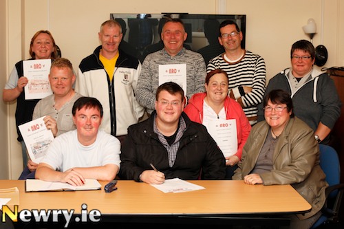 The Newry Rainbow Community Committee for 2013. Back from left: Karen McClorey, Martin King, Padraig Lynch, Damian McShane, Lesley Campbell, Columba O'Hare and Dee Harland-Powell. Front: Damian McKevitt, Secretary; Rory Rafferty, Chairman and Edwina Harland Powell, Treasurer.