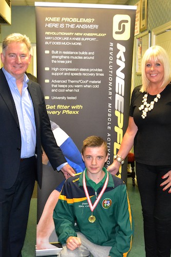 Kane Tucker, St John Bosco ABC, Newry with Pflexxsport’s Managing Director, Les Pape and Sales and Marketing Director, Tricia Russell.