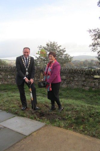 Mayor Michael Ruane and Clr Geraldine Donnelly get some practice in for the tree planting day at the Flagstaff.