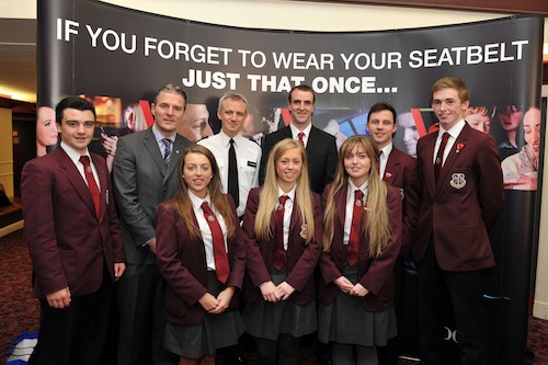 St Paul's High School pupils with Vice Principal, Jarlath Burns, PSNI Chief Superintendent Peter Farrar and Environment Minister Mark H Durkan.