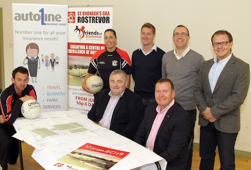 Launching the scheme are from left: St. Bronagh’s players Connor Magee and Brenda Russell with Malachy McCourt, Chair of St. Bronagh’s GAC, Rostrevor  and Michael Blaney, Managing Director, Autoline Insurance Group (seated) with Club Committee members Brendan Owens, Martin Daly, and John McGinn.