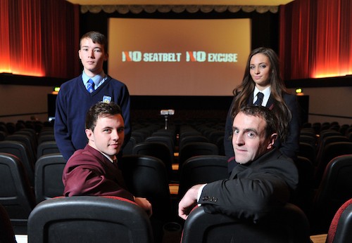 Pictured with Environment Minister Mark H Durkan are pupils who were at the first screening, (left-right) Patrick Smyth, Corpus Christi, Peter Hughes, St Paul's High School, Bessbrook, and Jess Bradshaw, Wallace High School. Picture: Michael Cooper