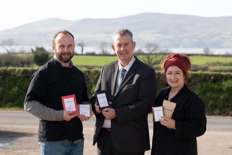 Rural Affairs Minister Edwin Poots pictured with Shane and Dorothy Neary at their rural chocolate business NearyNógs at the foot of the Mournes in the Strangford area.