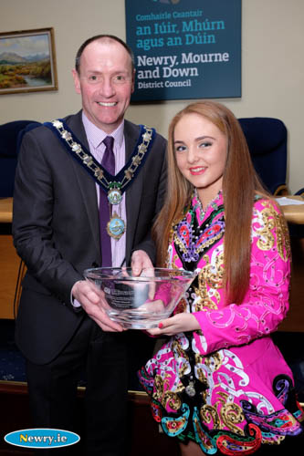 Mickey Ruane, Chairperson, Newry, Mourne and Down District Council presents World Irish Dancing Champion Orlaith Hollywood with an award at a civic reception. Photograph: Columba O'Hare Mickey Ruane, Chairperson, Newry, Mourne and Down District Council presents World Irish Dancing Champion Orlaith Hollywood with an award at a civic reception. Photograph: Columba O'Hare