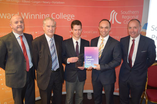 Raymond Sloan,SRC Director of Client Services,  Plunkett Campbell, SRC Governor, Plamen Atansov, SPP Newry Student of the Year, Andrew Cousins, Vice Principal Newtownhamilton High School, Michael Ruane,. Chairperson, Newry, Mourne and Down Council.